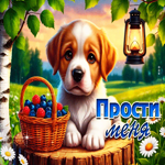 Красочная летняя гиф-открытка Прости меня с щенком