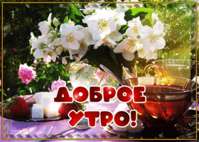 Необычная открытка доброе утро с чайком и клубникой